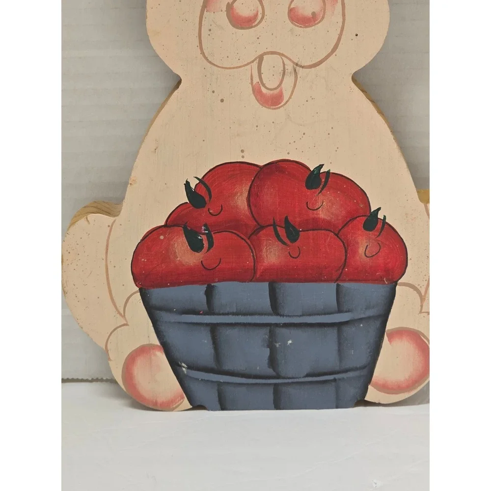 Vintage 90s Hand Painted Wooden Pig Apple Basket Wall Decor Farmhouse Folk Art